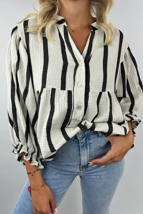 Stripe Crinckled Ruffled Sleeve Button up Loose Shirt
